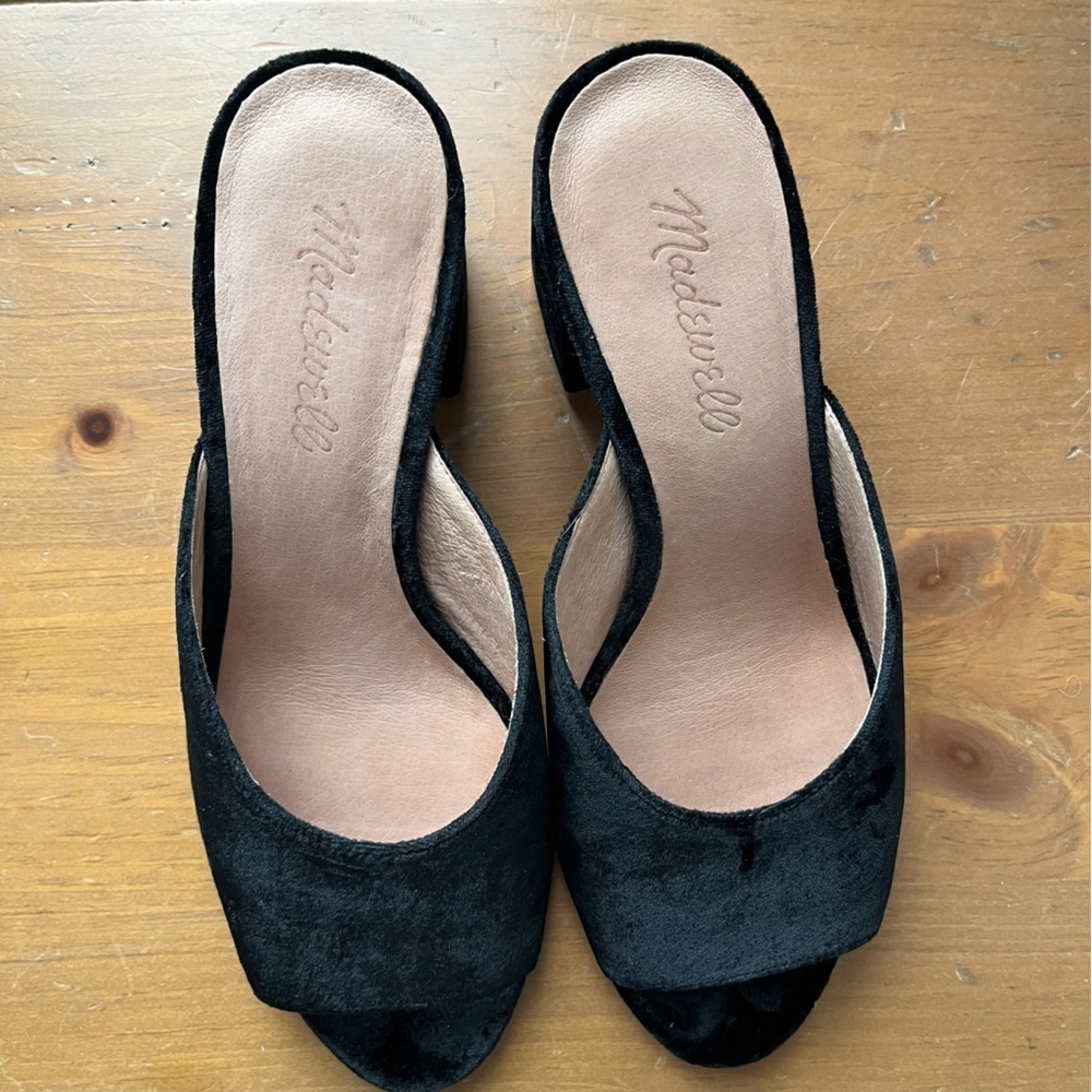 Madewell Women’s Beatriz Trendy Black Velvet Mules Open Toe Block Heel - Picture 8 of 12